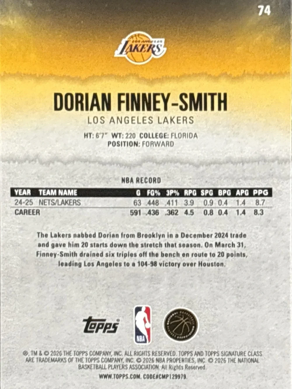 Topps Los Angeles Lakers Dorian Finny-Smith Basketball Trading Card